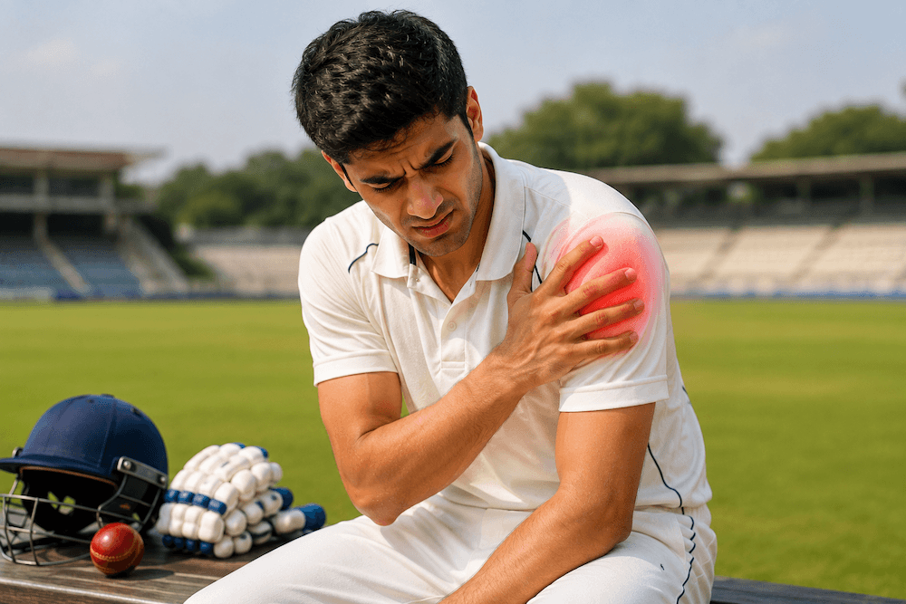 Cricket player suffering from shoulder dislocation injury during sports activity